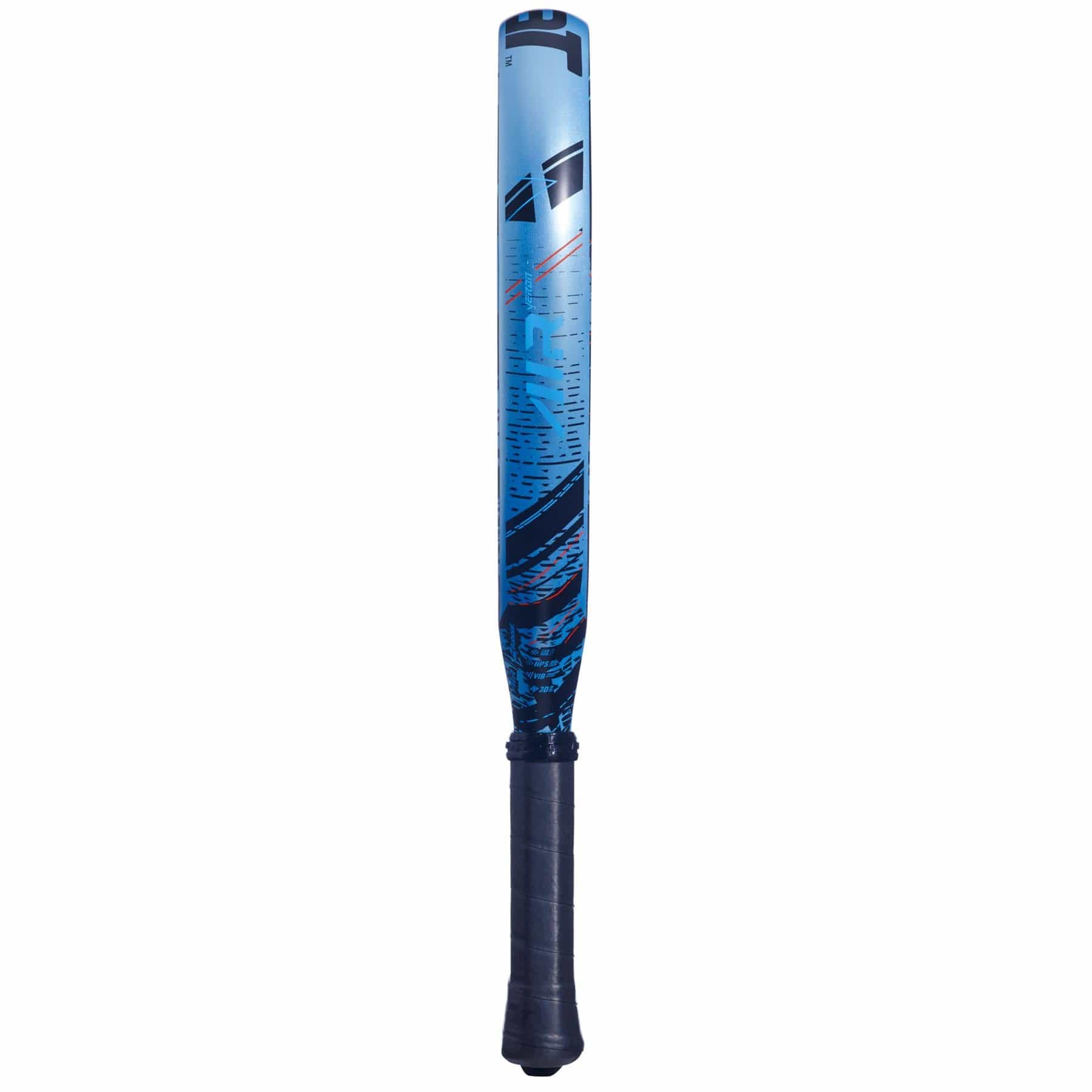 The Babolat Air Veron Padel Racket by Babolat features a blue and black design with a teardrop head shape, delivering dynamic power for your game.