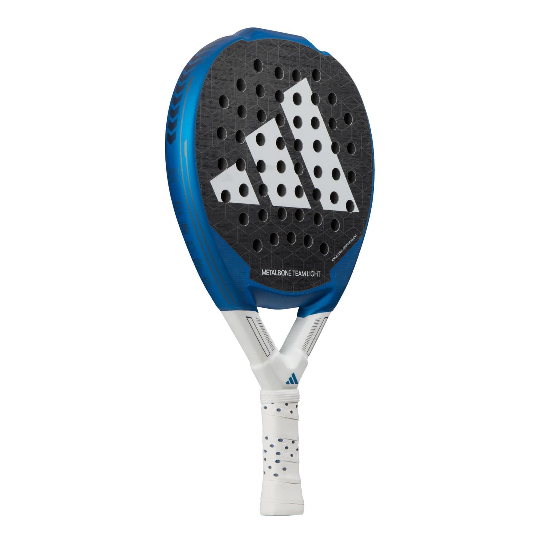 The adidas Metalbone Team Light 3.3 Padel Racket is blue and black with a white handle, a prominent white adidas logo, and multiple circular holes for a lightweight feel.