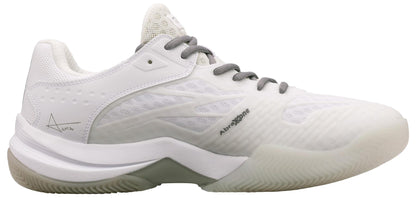 The NOX AT10 Lux Men's Padel Shoes in white/grey feature a textured sole, mesh details, gray laces, and subtle NOX branding near the heel and side—just like Agustin Tapia's best power padel shoes.