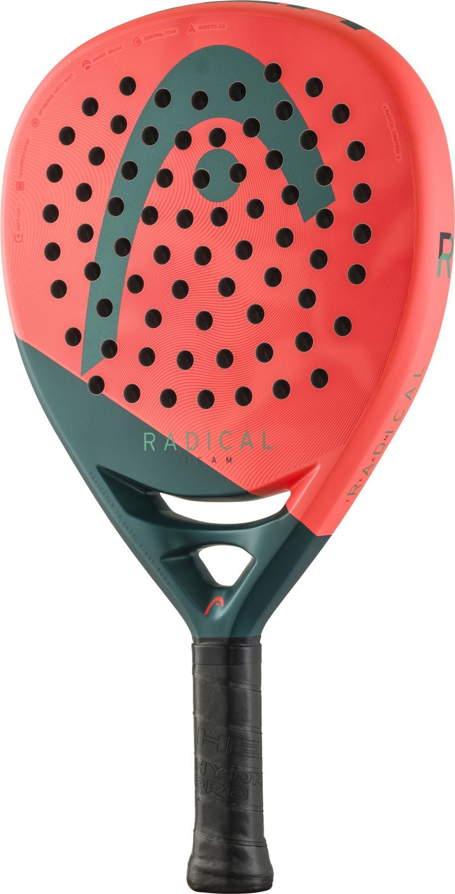 The HEAD Radical Team 2026 Padel Racket features a red and dark green design, perforated face, black handle, and “Radical” branding—perfect for intermediate to advanced players wanting style and performance.