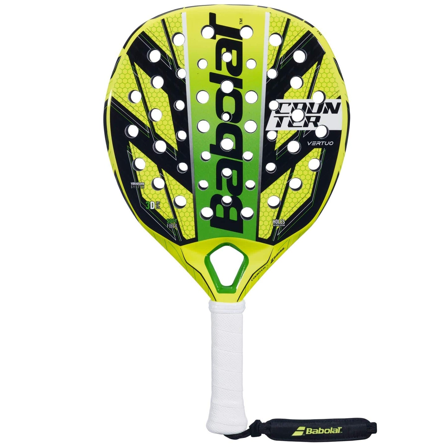 The Babolat Counter Vertuo Padel Racket features a yellow and black design, white grip, branded wrist strap, bold logo, and multiple face holes—engineered by Babolat for easy power on every shot.