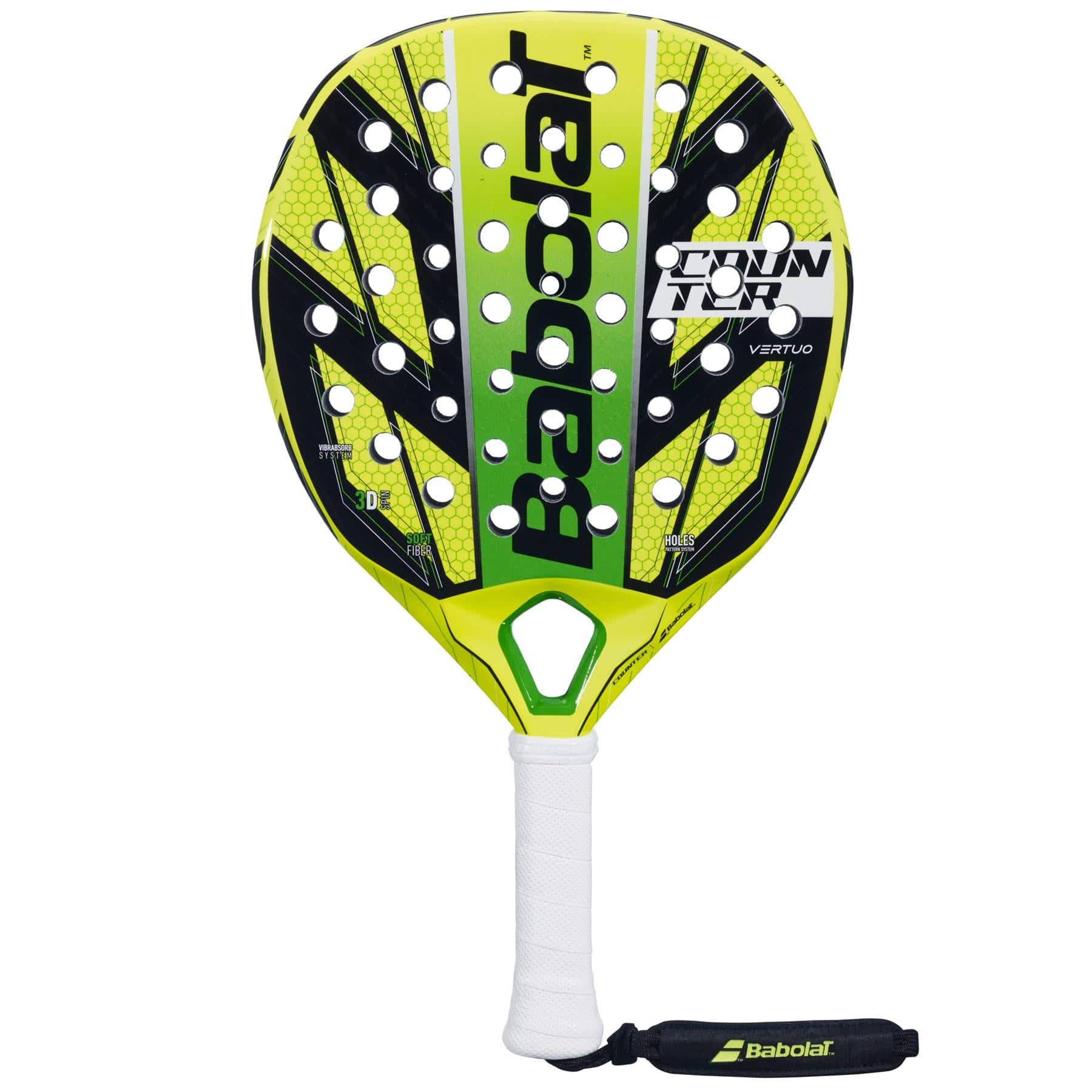 The Babolat Counter Vertuo Padel Racket features a yellow and black design, white grip, branded wrist strap, bold logo, and multiple face holes—engineered by Babolat for easy power on every shot.