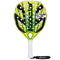 The Babolat Counter Vertuo Padel Racket features a yellow and black design, white grip, branded wrist strap, bold logo, and multiple face holes—engineered by Babolat for easy power on every shot.