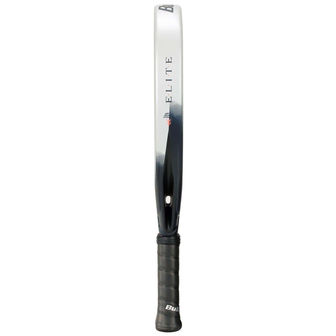 The Bullpadel Elite W 2026 Padel Racket by Bullpadel is shown vertically with a black, gripped handle at the bottom and its frame facing forward. The word "ELITE" appears on the side, similar to a lightweight women's padel racket.
