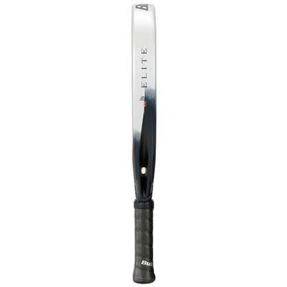 The Bullpadel Elite W 2026 Padel Racket by Bullpadel is shown vertically with a black, gripped handle at the bottom and its frame facing forward. The word "ELITE" appears on the side, similar to a lightweight women's padel racket.