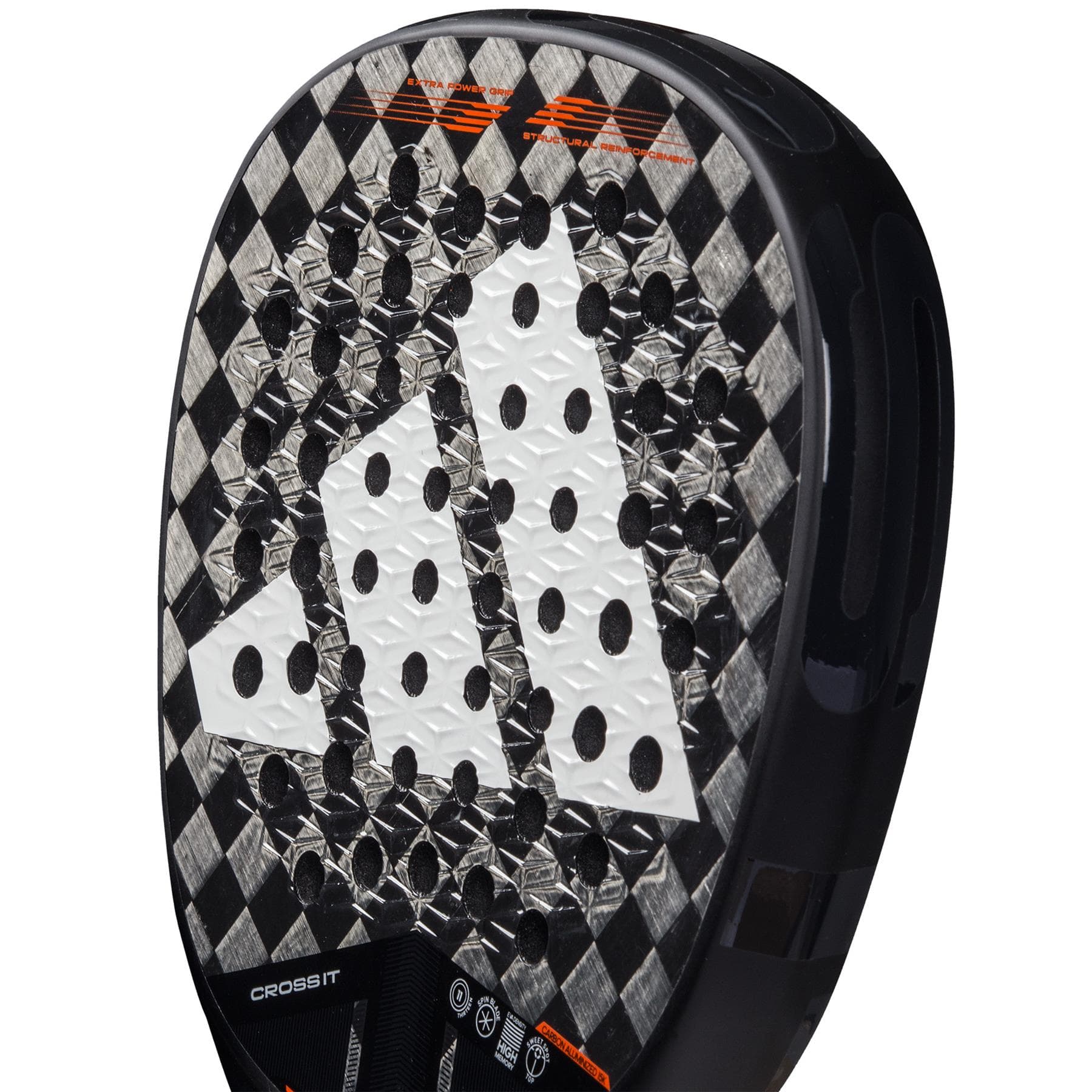 Close-up of the adidas Cross It 3.4 Padel Racket, showcasing its Carbon 15K face with a large white adidas logo, textured surface, and black frame—ideal for aggressive players wanting power and precision.
