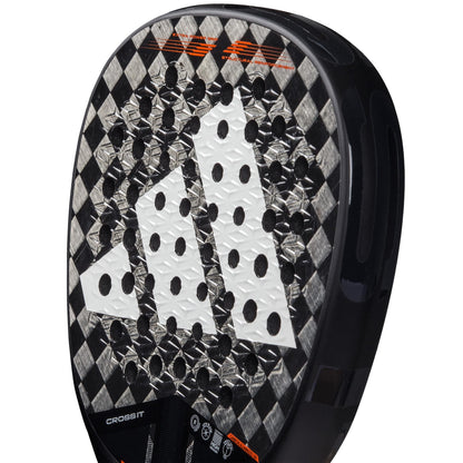 Close-up of the adidas Cross It 3.4 Padel Racket, showcasing its Carbon 15K face with a large white adidas logo, textured surface, and black frame—ideal for aggressive players wanting power and precision.