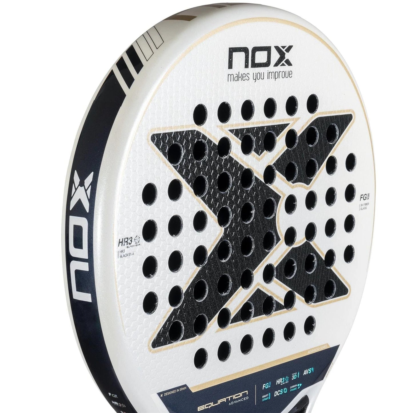 Close-up of the NOX Equation Advance Series Padel Racket by NOX, showing a bold black "X" and perforated white face. Designed for intermediate players, it features the text "NOX makes you improve" near the top.