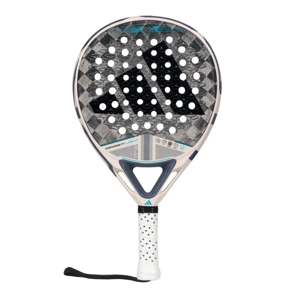 The adidas Cross It Light 3.4 Padel Racket is lightweight with a rounded shape, black adidas logo, white and gray patterned surface, perforated grip, and wrist strap at the bottom.