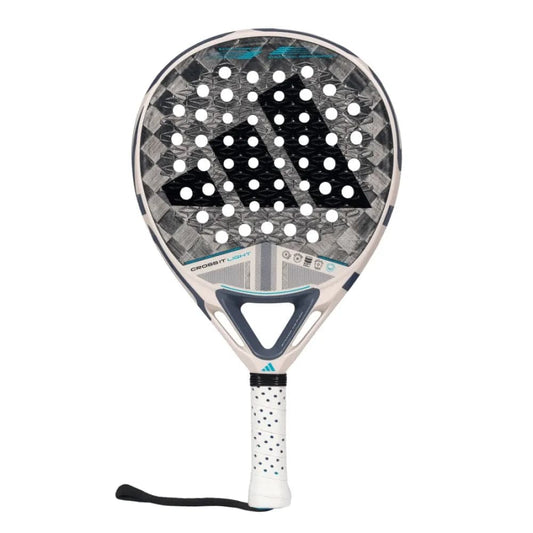 The adidas Cross It Light 3.4 Padel Racket is lightweight with a rounded shape, black adidas logo, white and gray patterned surface, perforated grip, and wrist strap at the bottom.