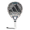 The adidas Cross It Light 3.4 Padel Racket is lightweight with a rounded shape, black adidas logo, white and gray patterned surface, perforated grip, and wrist strap at the bottom.