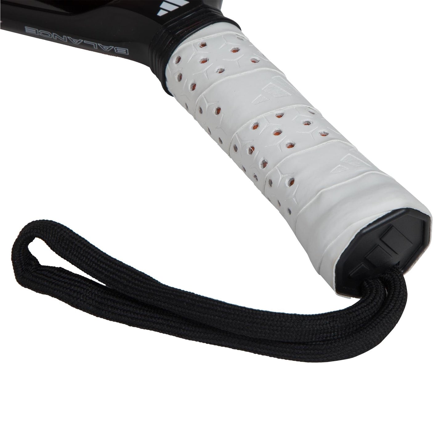 Close-up of the adidas Cross It Team 3.4 Padel Racket handle, featuring perforated white grip tape and a black wrist strap, designed to deliver excellent power and control on the court.