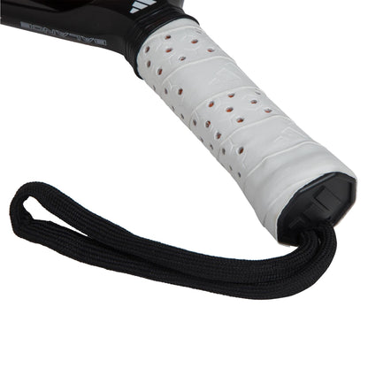 Close-up of the adidas Cross It Team 3.4 Padel Racket handle, featuring perforated white grip tape and a black wrist strap, designed to deliver excellent power and control on the court.