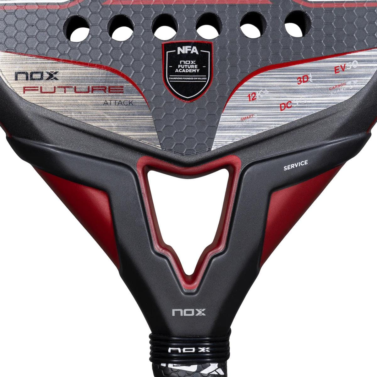 Close-up of the NOX NFA Future Attack 12K Alum Padel Racket in black and red, showing the "NFA NOX Future Academy" logo and hexagonal pattern, engineered by NOX for powerful, high-performance padel play.