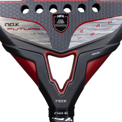 Close-up of the NOX NFA Future Attack 12K Alum Padel Racket in black and red, showing the "NFA NOX Future Academy" logo and hexagonal pattern, engineered by NOX for powerful, high-performance padel play.