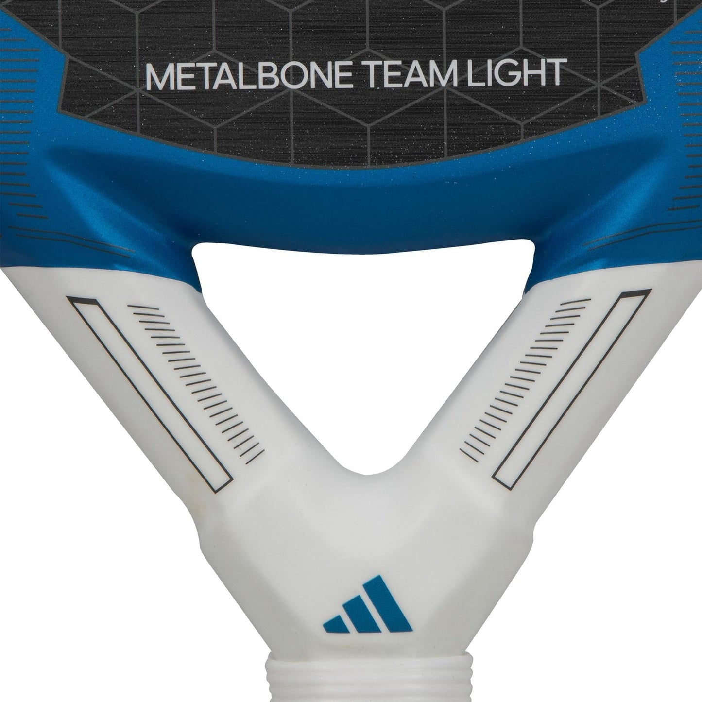 Close-up of the lightweight adidas Metalbone Team Light 3.3 Padel Racket, featuring "METALBONE TEAM LIGHT" on the face and the adidas logo at the handle base.