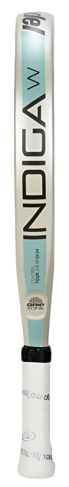A padel racket with a white and light blue design and the Bullpadel brand name printed vertically in bold black letters, inspired by the Bullpadel Indiga W 2025 Padel Racket. The handle features a white grip.