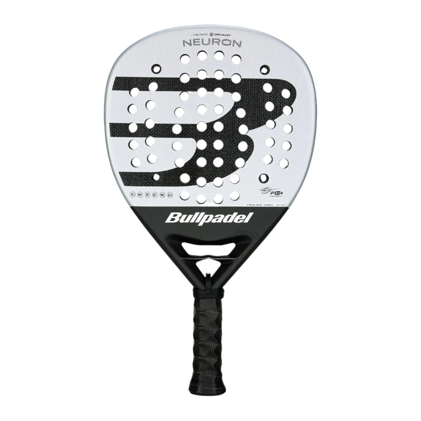 The Bullpadel Neuron 2025 Padel Racket features a bold black and white design with a prominent "B" logo, perforated face, and textured black handle, inspired by Federico Chingotto.