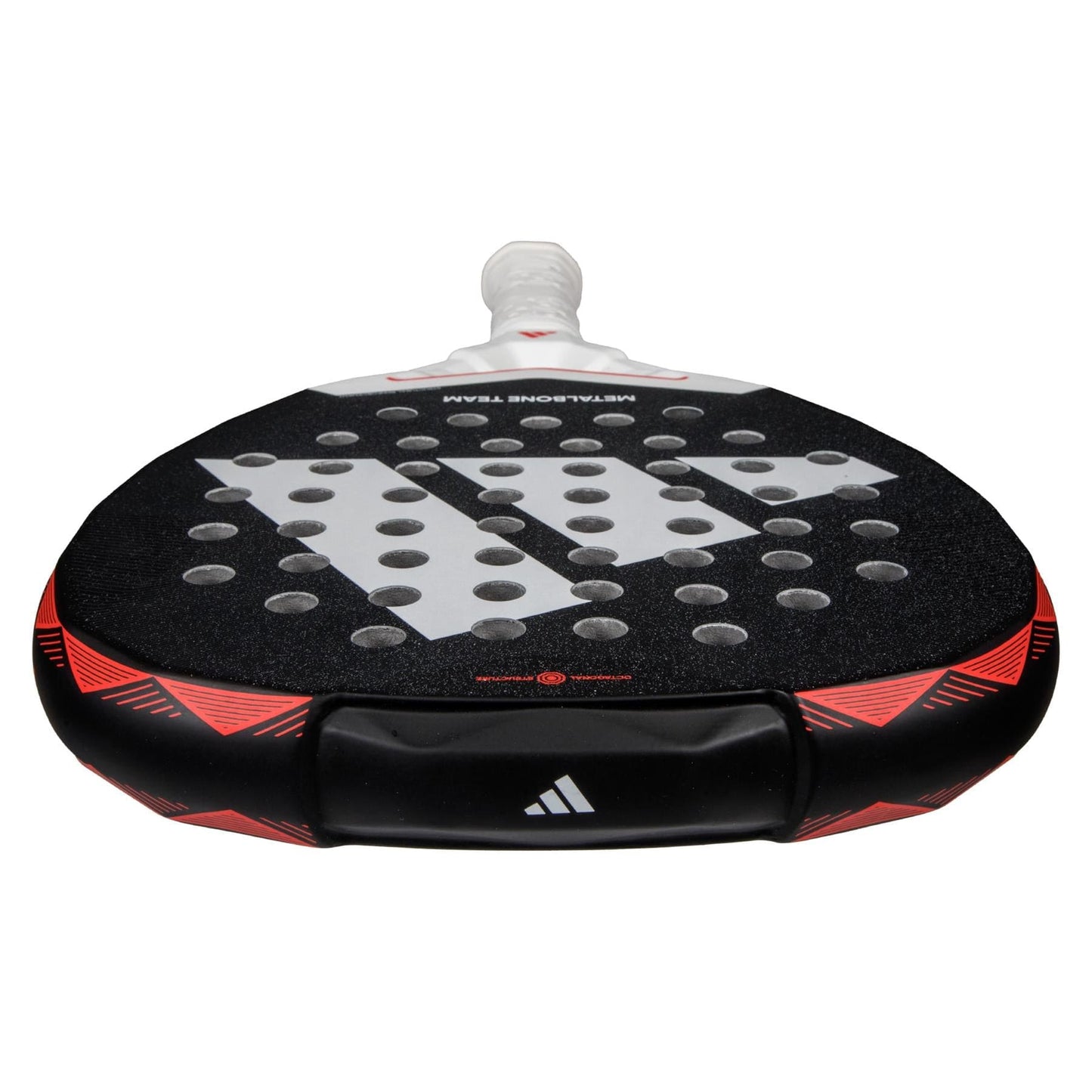 Close-up of the adidas Metalbone Team 3.4 padel racket, featuring a white handle, bold adidas logo, circular holes, and red accents—ideal for players wanting aggressive performance on the court.
