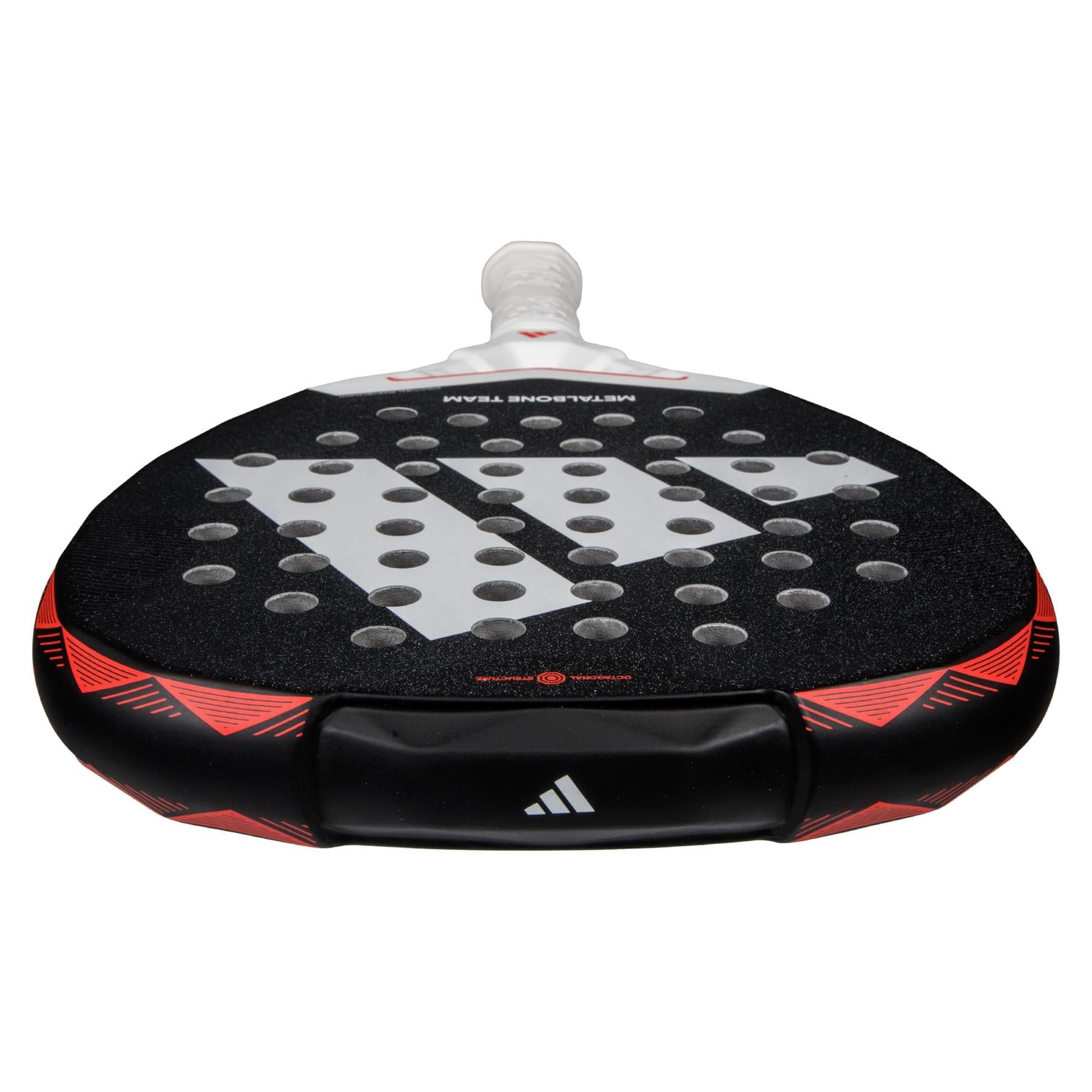 Close-up of the adidas Metalbone Team 3.4 padel racket, featuring a white handle, bold adidas logo, circular holes, and red accents—ideal for players wanting aggressive performance on the court.
