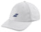 The Babolat Pure Logo Cap - White by Babolat is a lightweight baseball cap that features a small blue logo with two horizontal lines on the front. Crafted from recycled polyester, it includes a curved brim and visible stitching along the panels for enhanced style and durability.