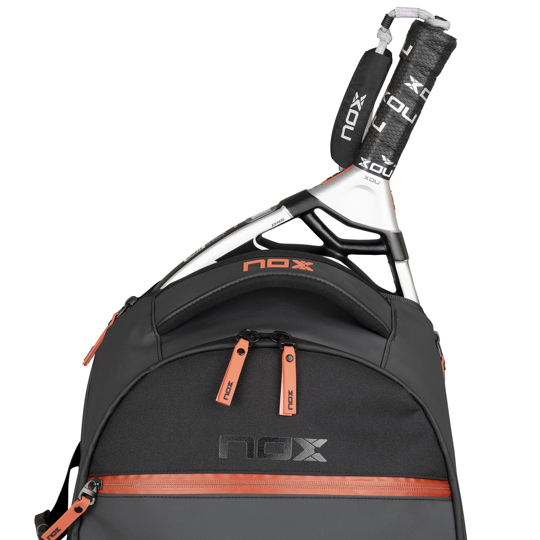 The NOX Luxury Open Series Padel Backpack - Black / Red features air ventilation, red zipper accents, and holds a NOX paddle racket with the NOX logo on both the bag and racket handle cover.