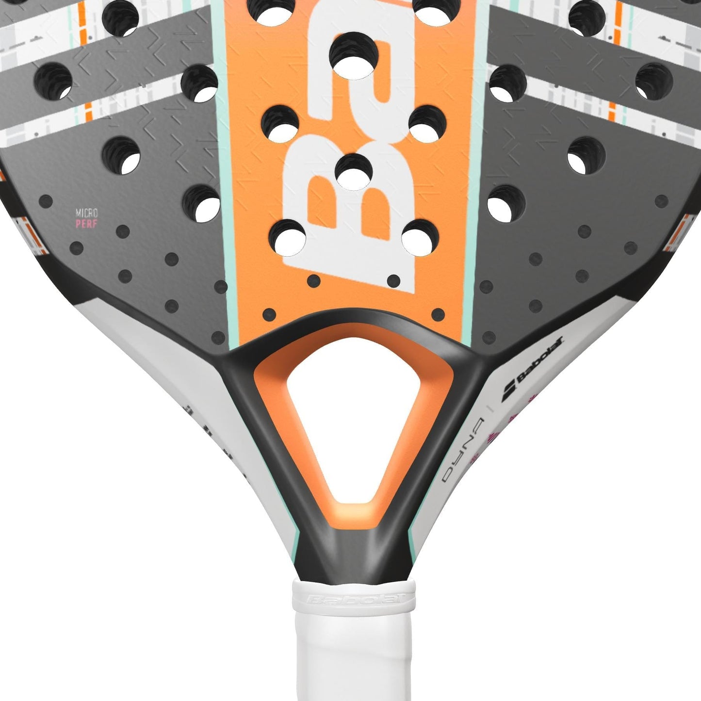 Close-up of the Babolat Dyna Energy Padel Racket, a lightweight women's model in orange, black, white, and gray with perforated holes, textured surface, and the Babolat logo by the handle.