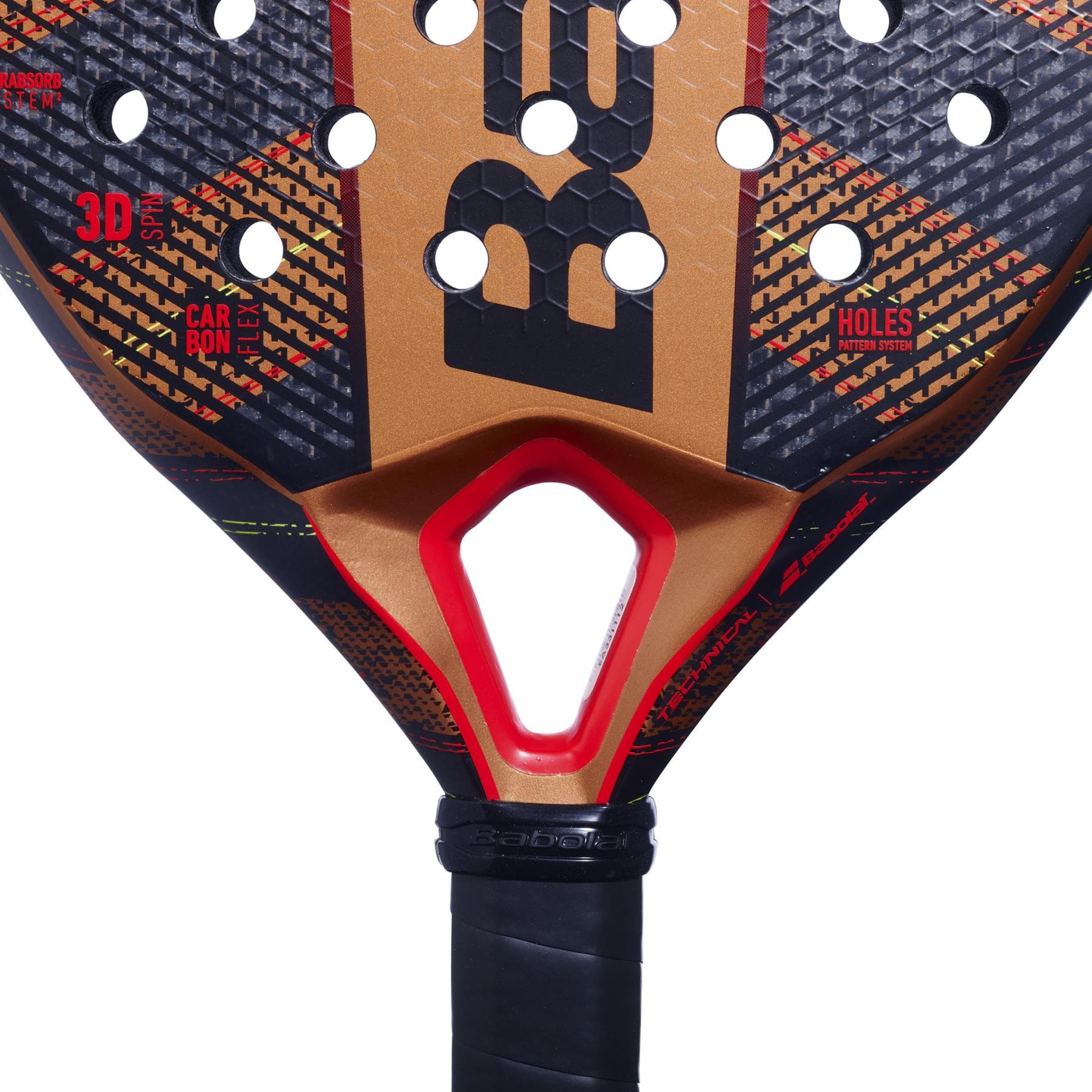 Close-up of the Babolat Technical Veron Padel Racket by Babolat, showing its gold, black, and red design, carbon flex surface for enhanced power and precision, and a handle wrapped in black grip tape.