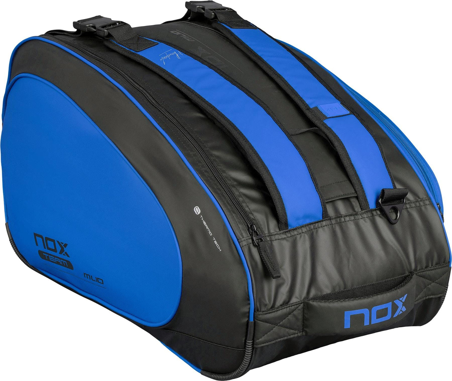 The NOX ML10 Team Padel Racket Bag in black and blue features multiple compartments, zippers, and shoulder straps for sports gear. The stylish bag displays the NOX logo and branding on the side and top.