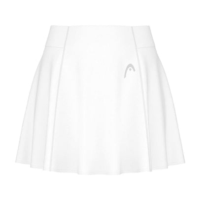 The HEAD Performance Womens Padel Skort in white is designed with integrated inner shorts, a high waistband, and subtle pleats. It showcases the small logo on the front and uses Moisture Transfer Microfibre technology, making it perfect for both sports and casual outings.