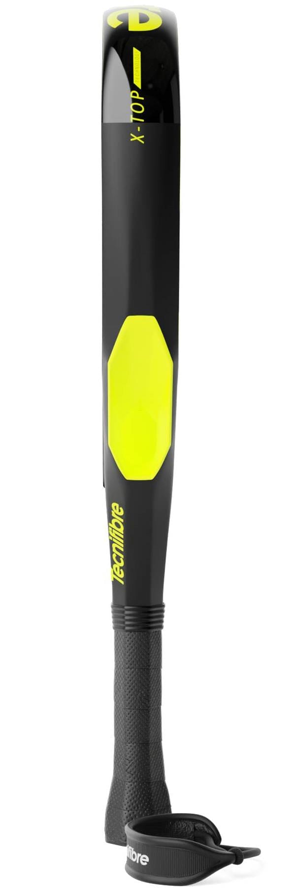 The Tecnifibre Bomba Speed Padel Racket features a black and yellow design, textured grip handle, wrist strap, and a bright yellow hexagonal accent on the barrel for bold style and performance.