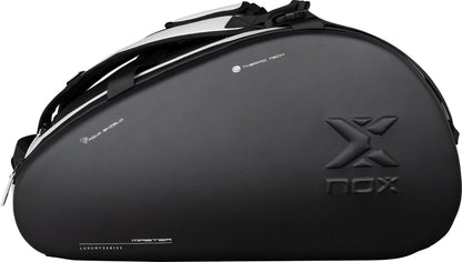 Carry your padel gear in style with the NOX Luxury Master Series Padel Racket Bag in Black/White, featuring a large embossed NOX logo, multiple zippers, and straps—designed for players who demand function and elegance.