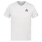Optical White Le Coq Sportif Pro Men's Padel T-Shirt made from breathable polyester, showcasing a small "Le Coq Sportif" logo on the left chest and the brand name on the left sleeve. This T-shirt features short sleeves and a crew neckline for optimal comfort.
