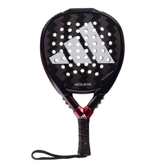 The adidas Metalbone 3.3 Padel Racket has a black and red design with zigzag pattern, round holes, a large white adidas logo, "METALBONE" on the frame, and a wrapped handle with wrist strap. This advanced padel racket blends style and performance.
