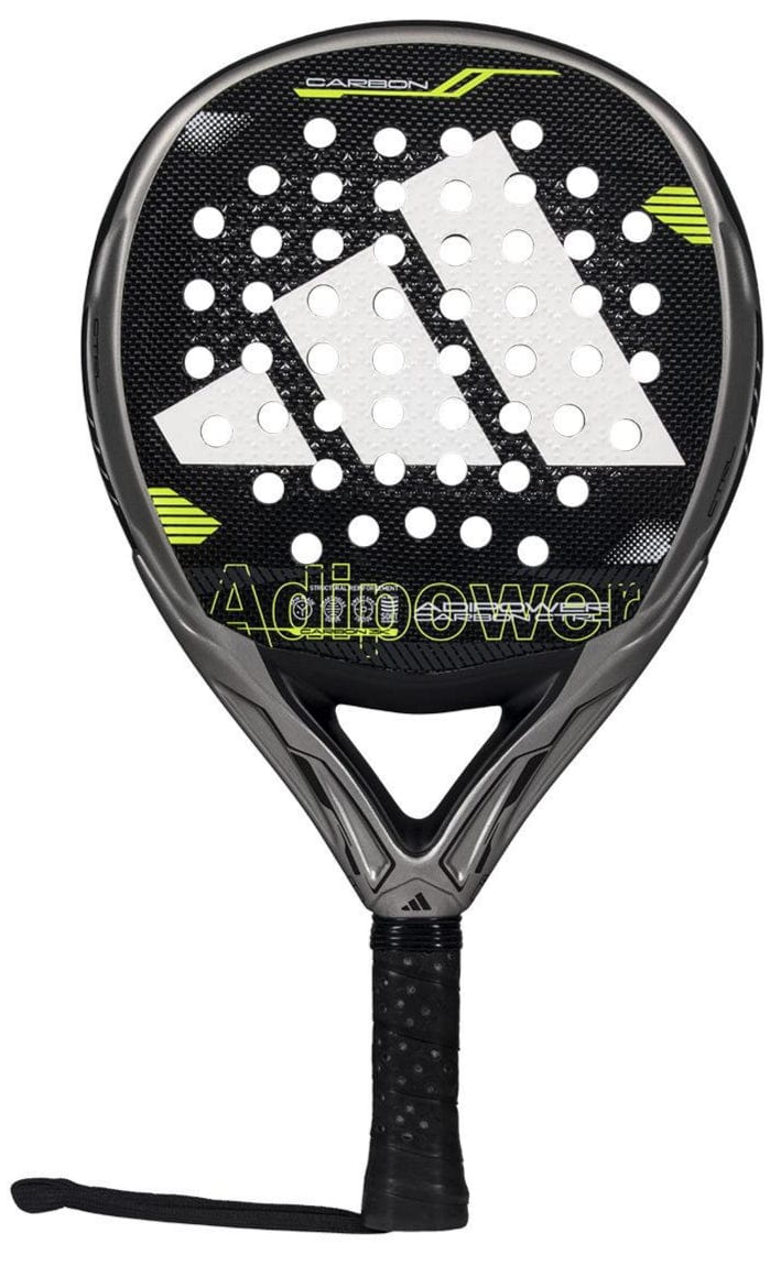 The adidas ADIDAS Adipower Carbon CTRL 3.4 Padel Racket features a black design with a large white adidas logo, yellow accents, "Adipower" branding, 18K carbon construction, black grip-taped handle, and a wrist strap for secure play.