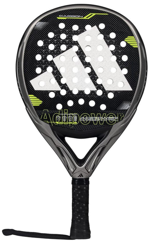 The adidas ADIDAS Adipower Carbon CTRL 3.4 Padel Racket features a black design with a large white adidas logo, yellow accents, "Adipower" branding, 18K carbon construction, black grip-taped handle, and a wrist strap for secure play.