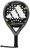 The adidas ADIDAS Adipower Carbon CTRL 3.4 Padel Racket features a black design with a large white adidas logo, yellow accents, "Adipower" branding, 18K carbon construction, black grip-taped handle, and a wrist strap for secure play.