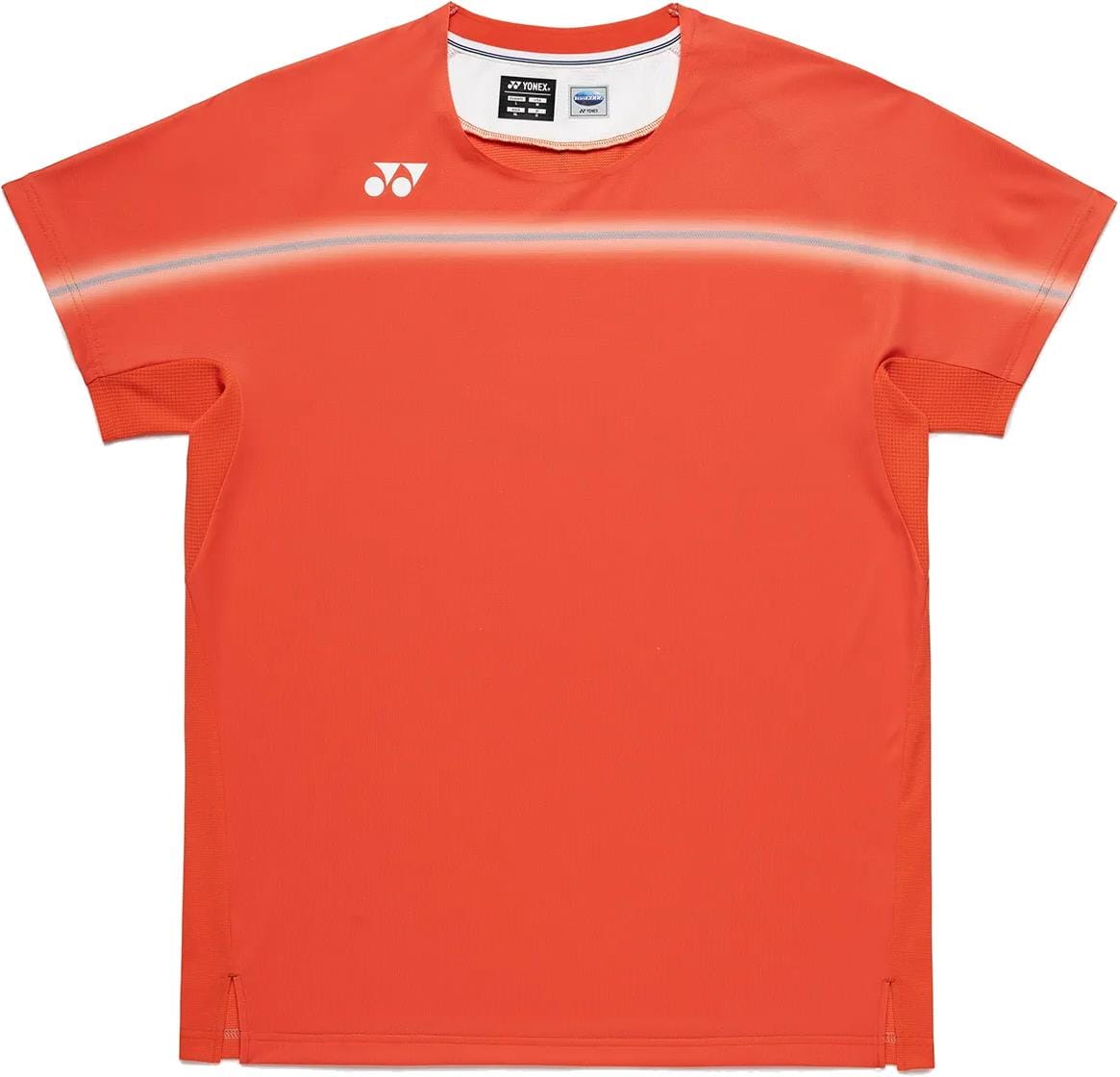 The Yonex 10711YX Crew Neck Mens Padel T-Shirt in Cyber Orange features a subtle horizontal white stripe, small white logo, and performance fabric for active comfort. Modern design by Yonex with a crew neckline.