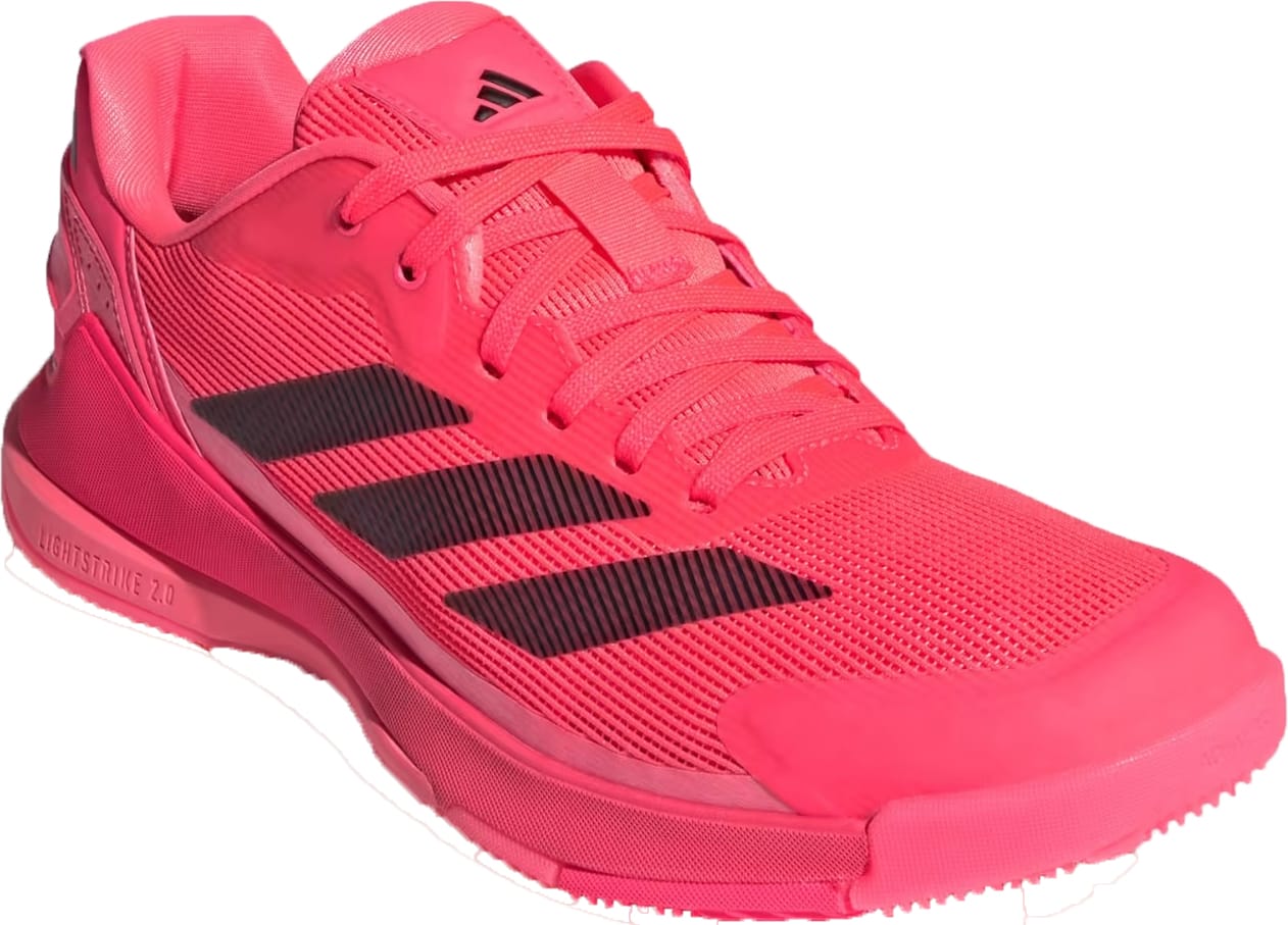The adidas Crazyquick LS Men's Padel Shoes in Solar Turbo/Core Black/Lucid Red feature a vibrant pink upper with black stripes, pink laces, breathable mesh, and a white sole for excellent multi-directional grip—ideal for your next padel match.