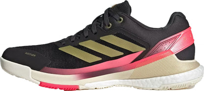 The adidas Crazyquick Boost Mens Padel Shoes in Core Black/Gold Metallic/Solar Turbo feature a mesh upper, gold stripes, pink accents on heel and midsole, white outsole, and deliver impressive energy return.