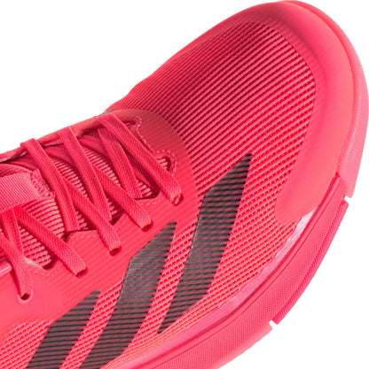 Close-up of adidas Crazyquick LS Men's Padel Shoes in Solar Turbo/Core Black/Lucid Red, featuring textured fabric, matching laces, black stripes, visible stitching, and a multi-directional grip for superior court performance.