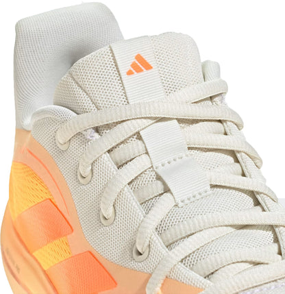 Close-up of an adidas Crazyflight 7 Indoor Men’s Padel Shoe in Lucid Tangerine/Lucid Orange/Off White, featuring white laces, mesh upper, orange logo on the tongue, side accents, and LightstrikePro cushioning for superior comfort.