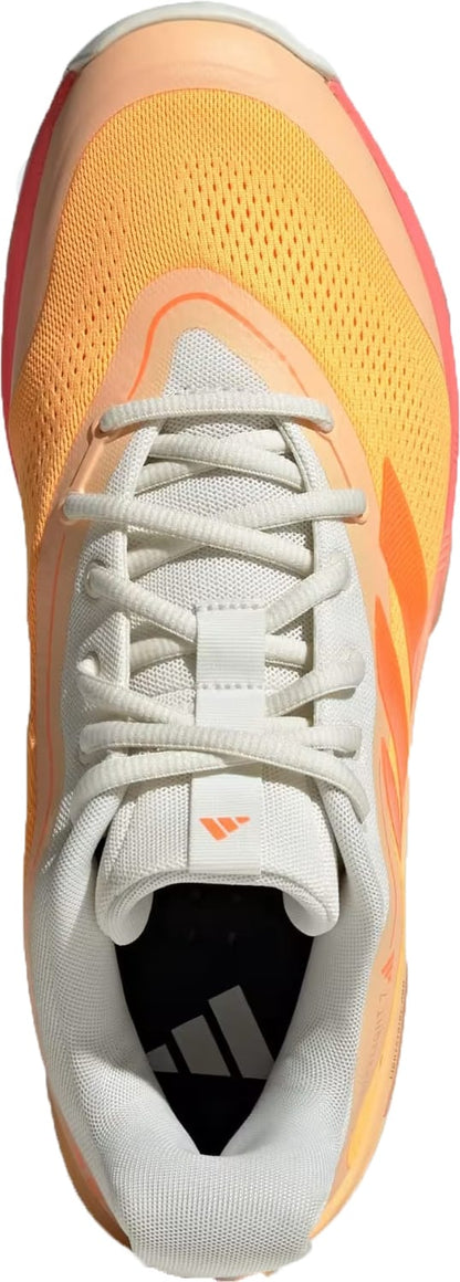 Top-down view of an adidas Crazyflight 7 Indoor Men's Padel Shoe in Lucid Tangerine/Lucid Orange/Off White with a white tongue and laces, orange-yellow mesh upper, pink-orange sole, subtle branding, and responsive LightstrikePro cushioning.