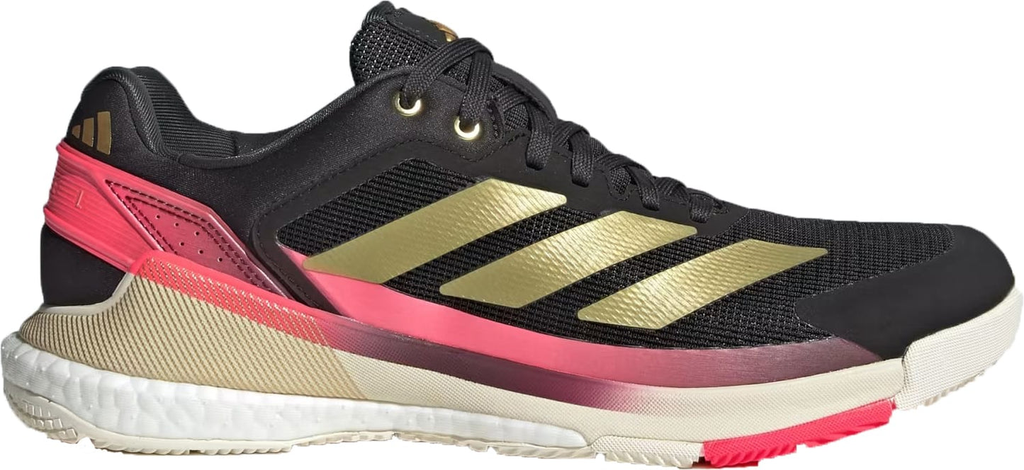 The adidas Crazyquick Boost Mens Padel Shoes in Core Black/Gold Metallic/Solar Turbo feature gold stripes, a pink heel accent, beige midsole, and white outsole—offering energy return and modern style for both sports and casual wear.