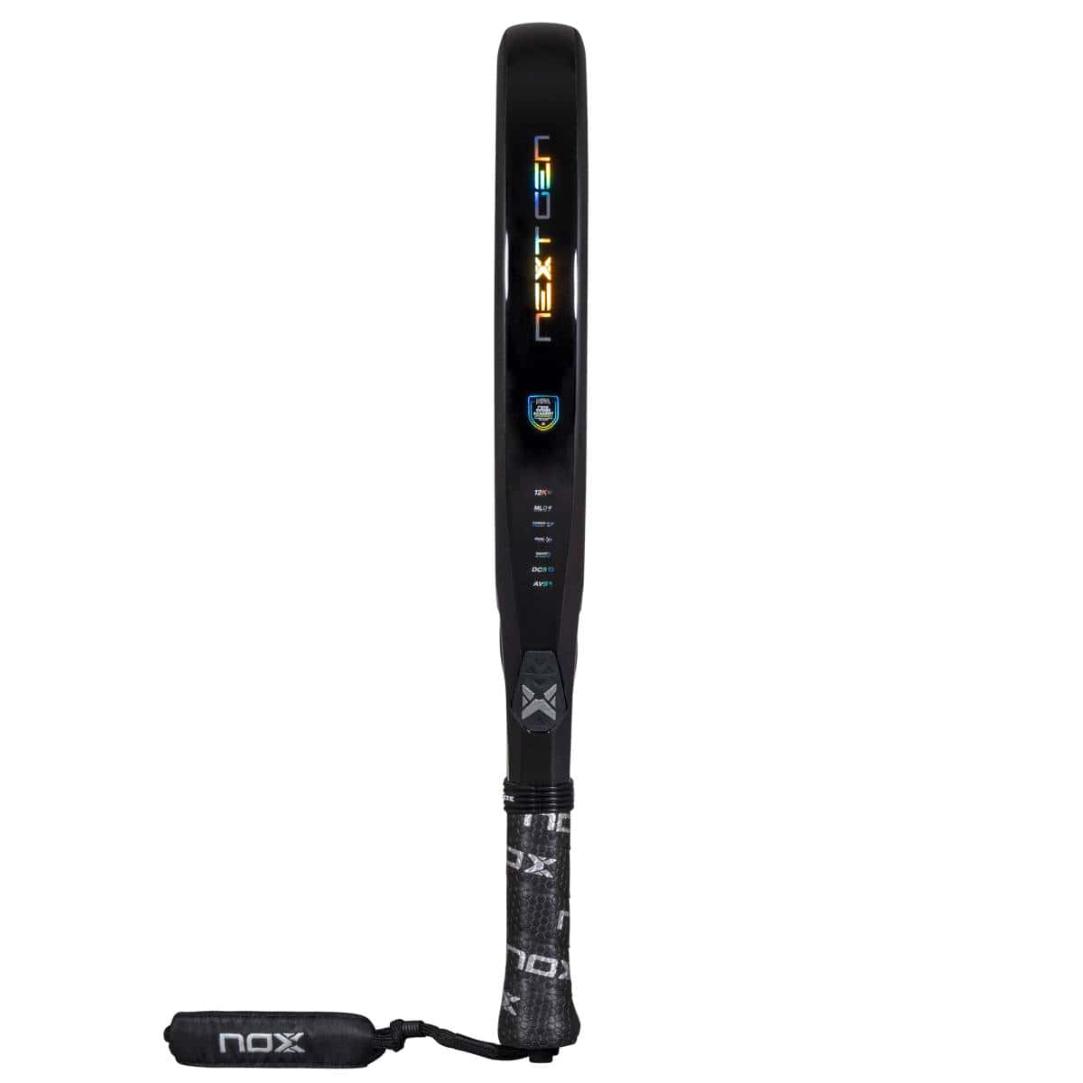 The NOX NextGen Pro Attack 12K NFA 2026 Padel Racket features a black diamond head, "NEXTGEN" vertically on the side, a NOX logo by the handle, and a branded wrist strap attached to the bottom.