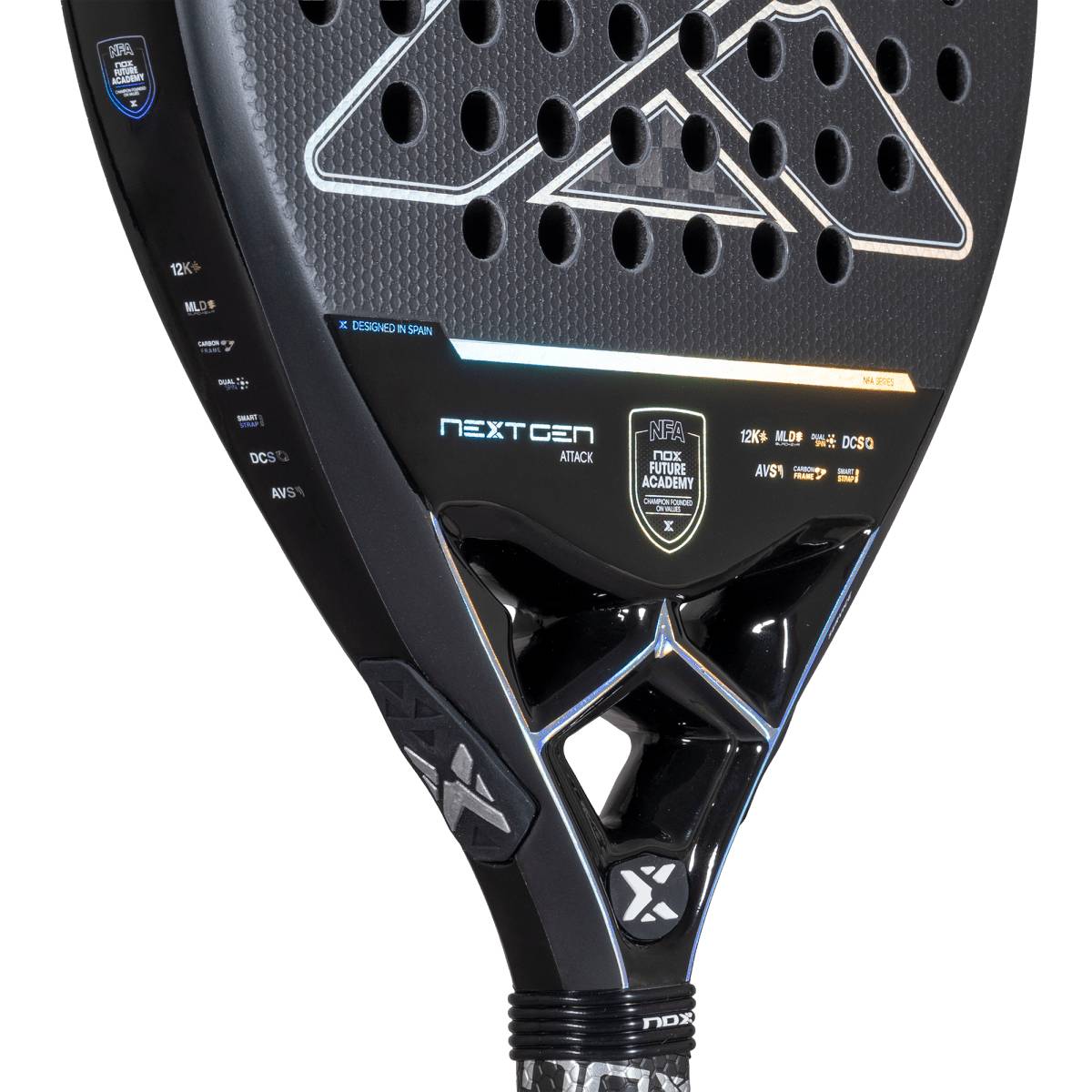 Close-up of the NOX NextGen Pro Attack 12K NFA 2026 Padel Racket, featuring a black diamond-shaped head, geometric patterns, round holes, and “NEXTGEN” and “NPA PADEL ACADEMY” branding on its 12K Carbon face and neck.