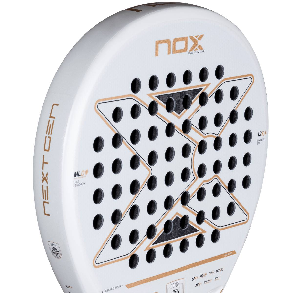 Close-up of the NOX NextGen Pro Hybrid 12K NFA 2026 Padel Racket featuring a large X design, black holes, and gold and black accents. "NEXTGEN" and "NOX" are on the frame. 12K carbon face—ideal for advanced players.