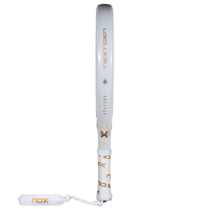 The NOX NextGen Pro Hybrid 12K NFA 2026 Padel Racket features a white design with a 12K carbon face, "NEXT GEN" in gold along the side, and matching white-gold handle—side view on plain background; ideal for advanced players.