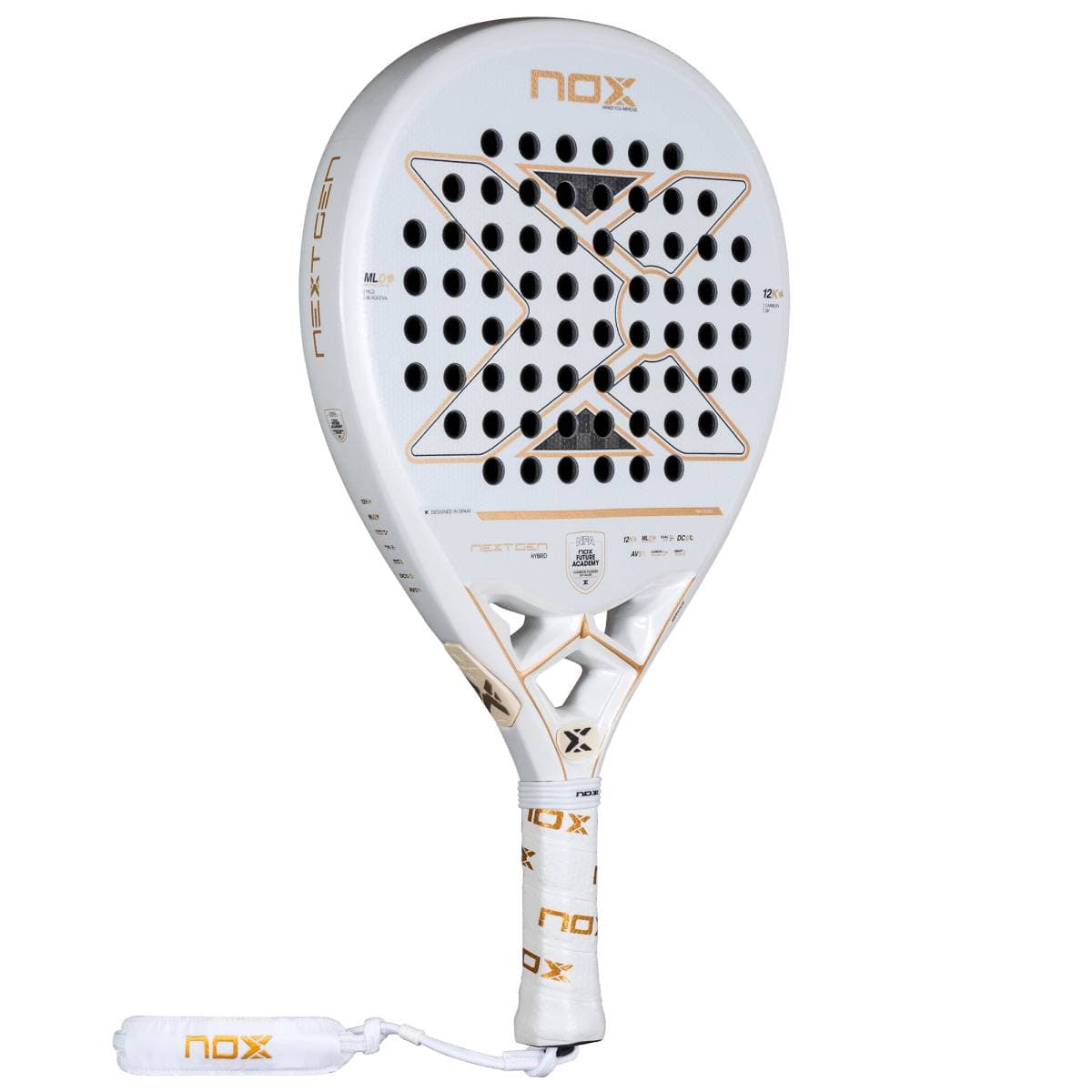 The NOX NextGen Pro Hybrid 12K NFA 2026 Padel Racket is a white advanced-level racket with gold and black accents, a 12K carbon face, perforated design, large X-shaped detail, and a white grip with branded wrist strap.
