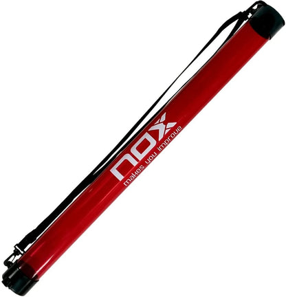 The NOX Red Padel Ball Collection Tube is a red cylindrical case with black strap and end caps, displaying the white NOX logo and “makes you improve” slogan—perfect for any padel training accessory set.